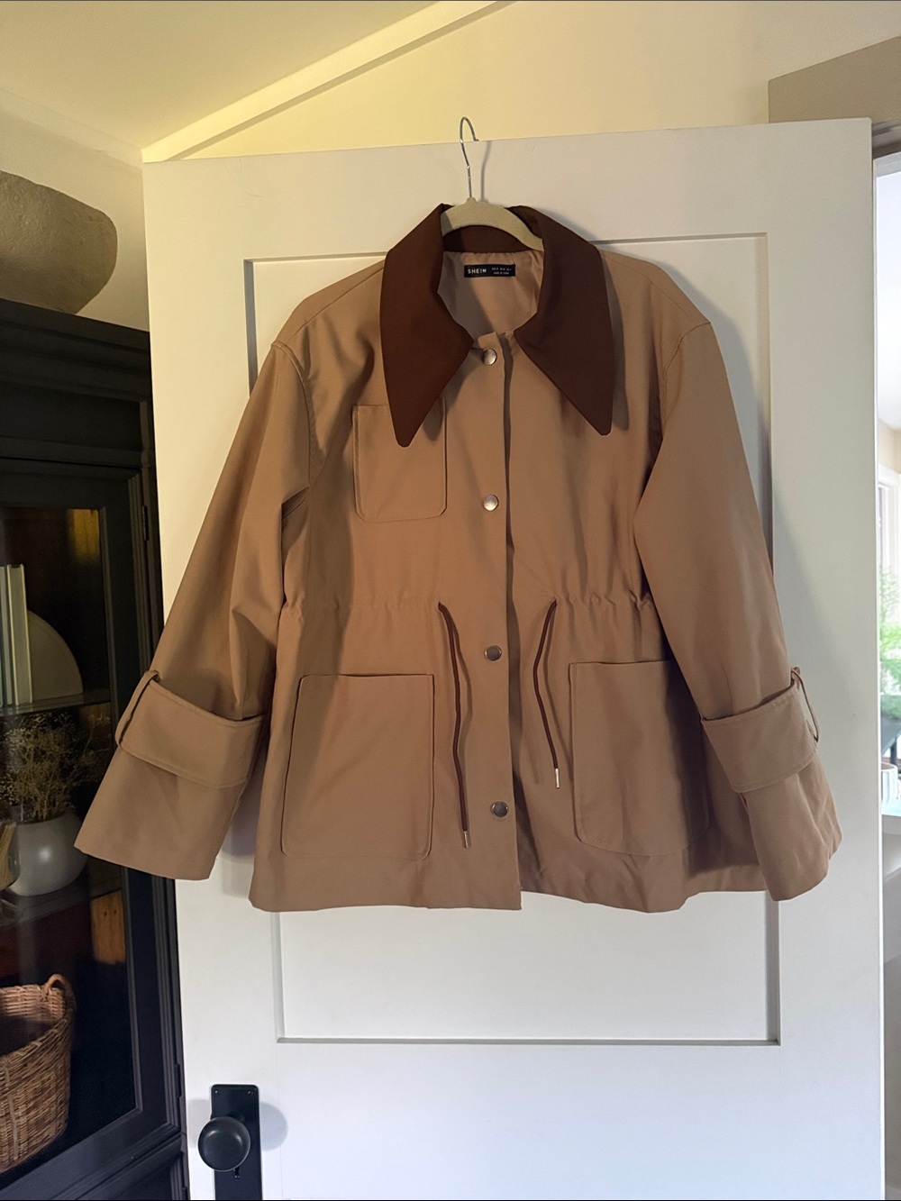 SHEIN Tan Trench Barn Jacket with Brown Collar
